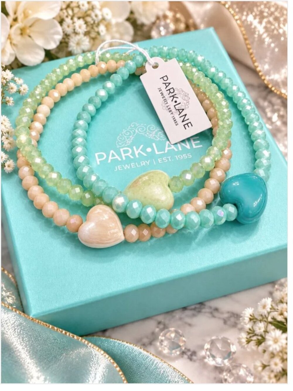Teal & Cream Park Lane Stretch Heart Bracelet Set - NIB